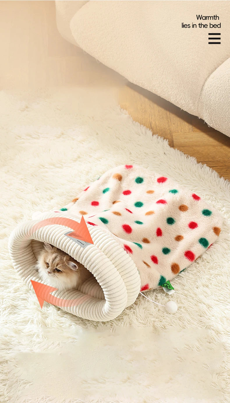 Fashion Dot Design Pet Sleeping Bag Luxury Double Sided Rabbit Fur Indoor Enclosed Warm Cat Bed Christmas New Year Pet Products