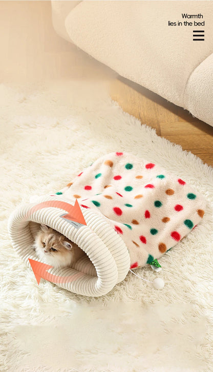 Fashion Dot Design Pet Sleeping Bag Luxury Double Sided Rabbit Fur Indoor Enclosed Warm Cat Bed Christmas New Year Pet Products