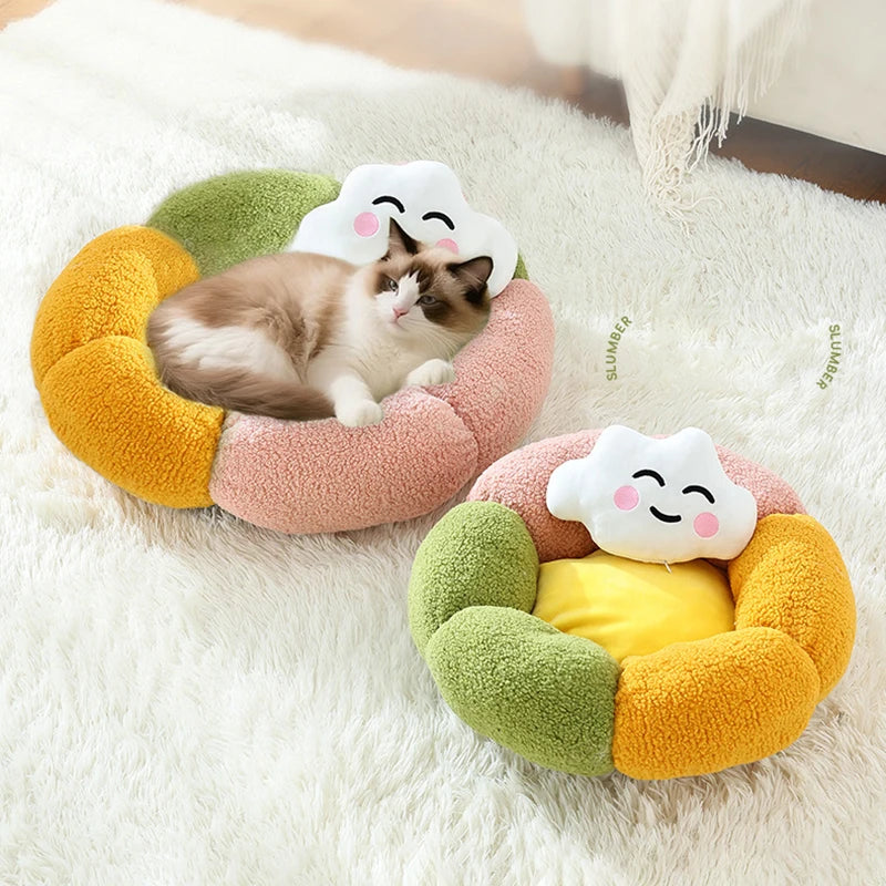 Cute Luxury Flower Cat Bed with Cloud-Shaped Pillow Winter Breathable Warm Ultra Soft Plush House Puppy Beds Cat Houses Indoor