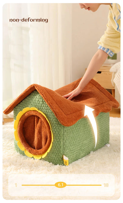 Thickened Enclosed Pet House Cute Sunflower Shape Removable Washable Winter Warm Deep Sleep Cave Sofa for Cats Cama Para Perro
