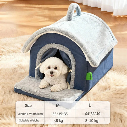 Luxurious Removable Dog House with Handle Enclosed Soft Plush Anti-Slip Pet Shelter Warm Calming Indoor Bed for Puppy Puppies