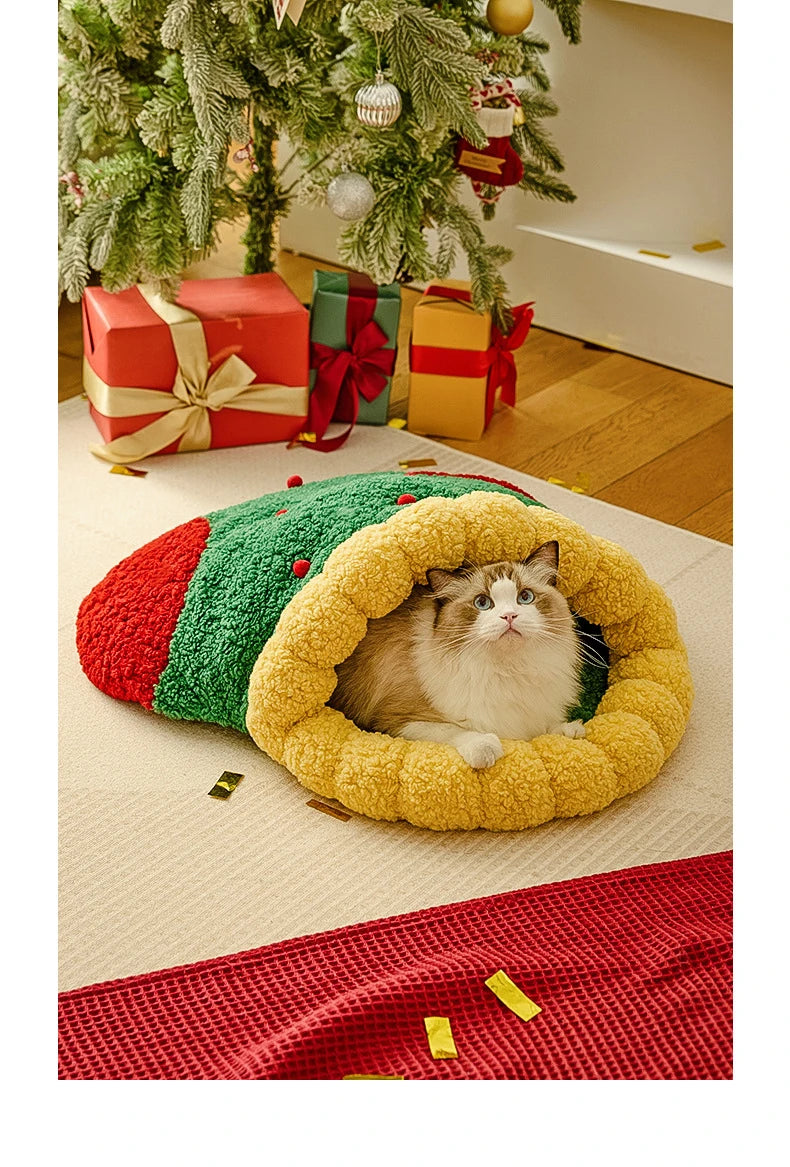 Christmas Sock Cat Sleeping Bag Thickened Semi Closed Winter Plush Warm Round Dog Beds with Detachable Pad Pet Indoor Furniture