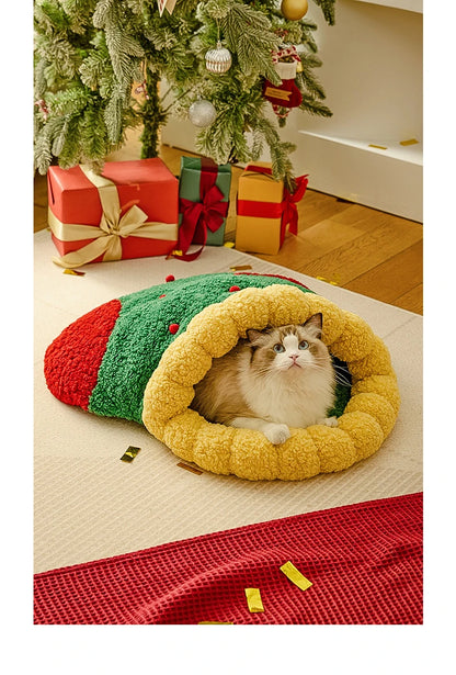 Christmas Sock Cat Sleeping Bag Thickened Semi Closed Winter Plush Warm Round Dog Beds with Detachable Pad Pet Indoor Furniture