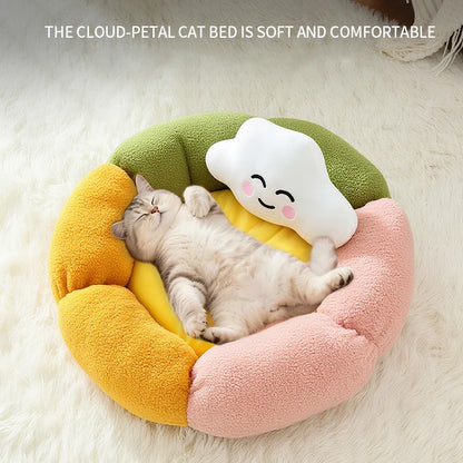 Cute Luxury Flower Cat Bed with Cloud-Shaped Pillow Winter Breathable Warm Ultra Soft Plush House Puppy Beds Cat Houses Indoor