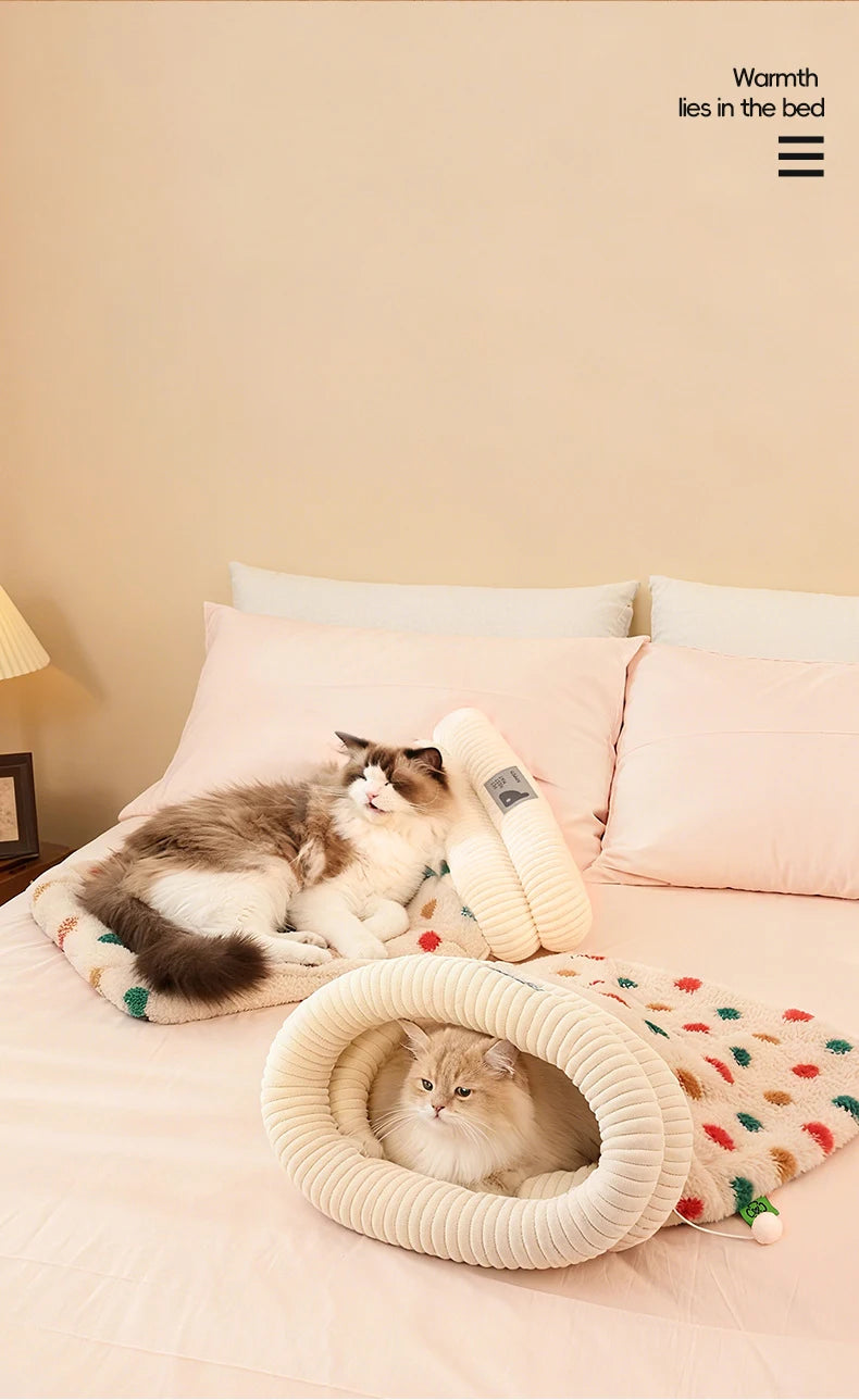 Fashion Dot Design Pet Sleeping Bag Luxury Double Sided Rabbit Fur Indoor Enclosed Warm Cat Bed Christmas New Year Pet Products