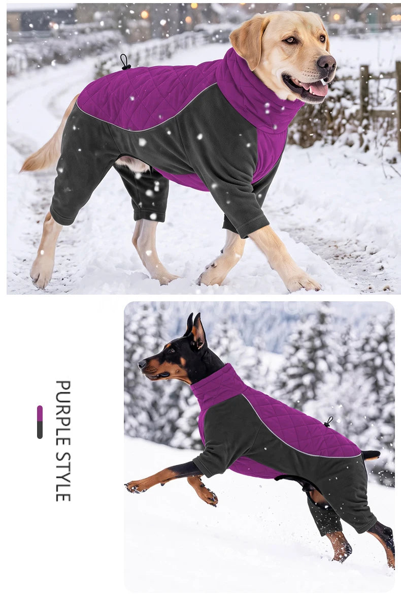 Winter Full Coverage Warm Dog Jumpsuit Reflective High Collar Quilted Padded Color‑Blocked Outdoor Outfit for Medium Large Dogs
