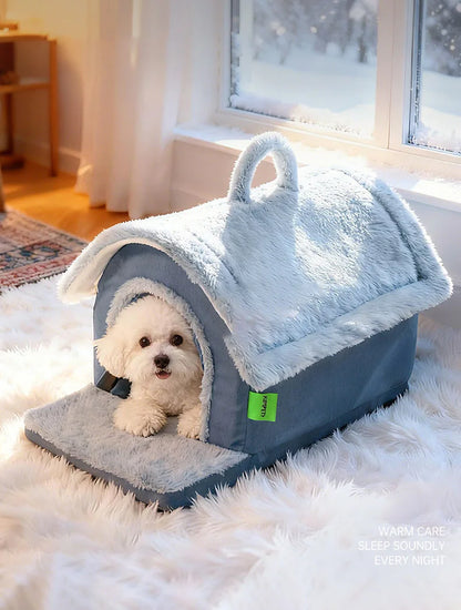 Luxurious Removable Dog House with Handle Enclosed Soft Plush Anti-Slip Pet Shelter Warm Calming Indoor Bed for Puppy Puppies