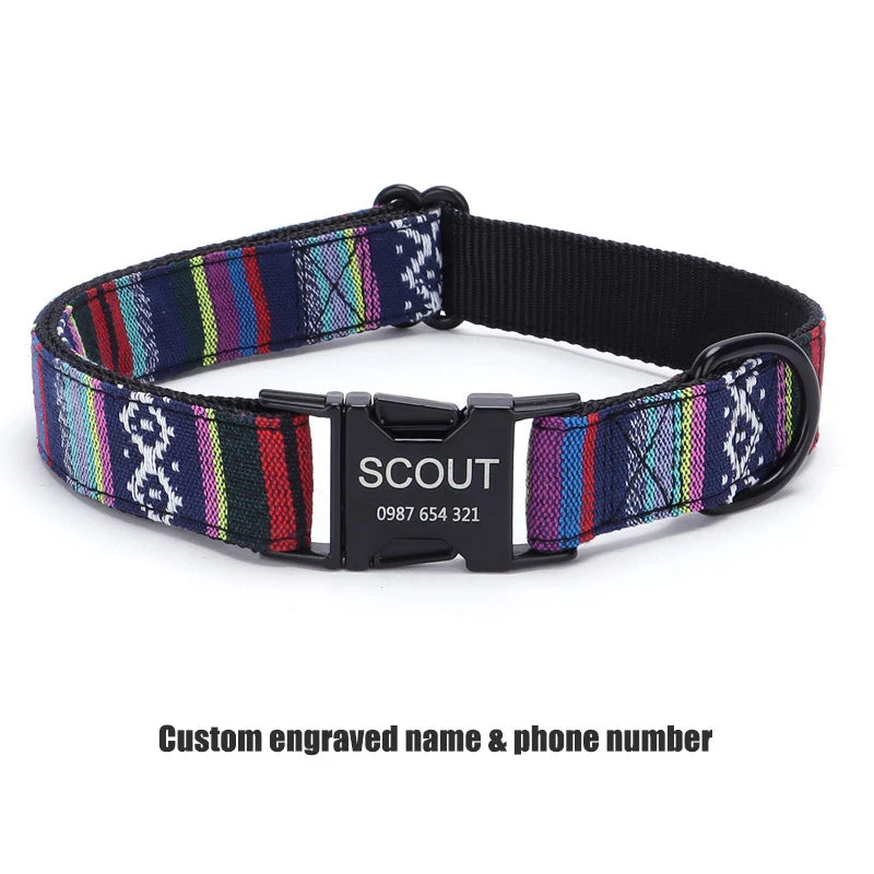 Bohemian Striped Dog Collar Custom Engraved with Rose Gold Buckle Personalized Nylon Collar for Small Large Dogs Daily Walking