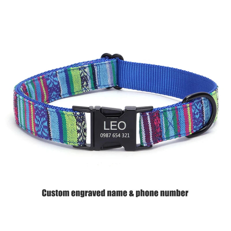 Bohemian Striped Dog Collar Custom Engraved with Rose Gold Buckle Personalized Nylon Collar for Small Large Dogs Daily Walking