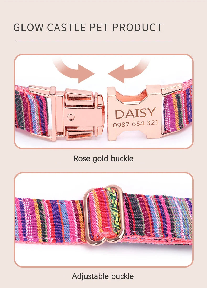 Bohemian Striped Dog Collar Custom Engraved with Rose Gold Buckle Personalized Nylon Collar for Small Large Dogs Daily Walking