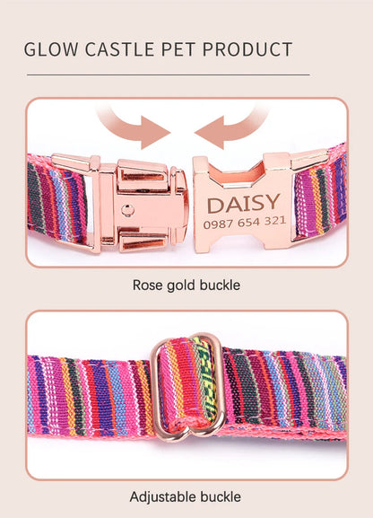 Bohemian Striped Dog Collar Custom Engraved with Rose Gold Buckle Personalized Nylon Collar for Small Large Dogs Daily Walking