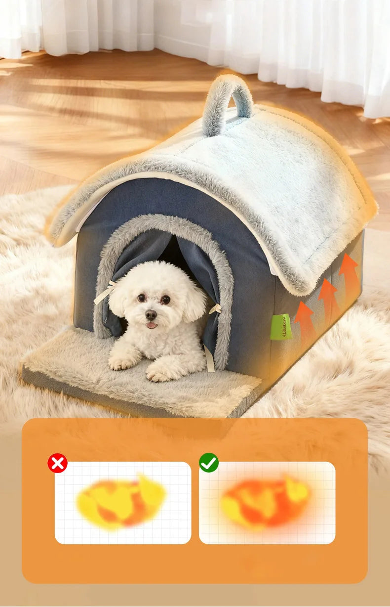 Luxurious Removable Dog House with Handle Enclosed Soft Plush Anti-Slip Pet Shelter Warm Calming Indoor Bed for Puppy Puppies