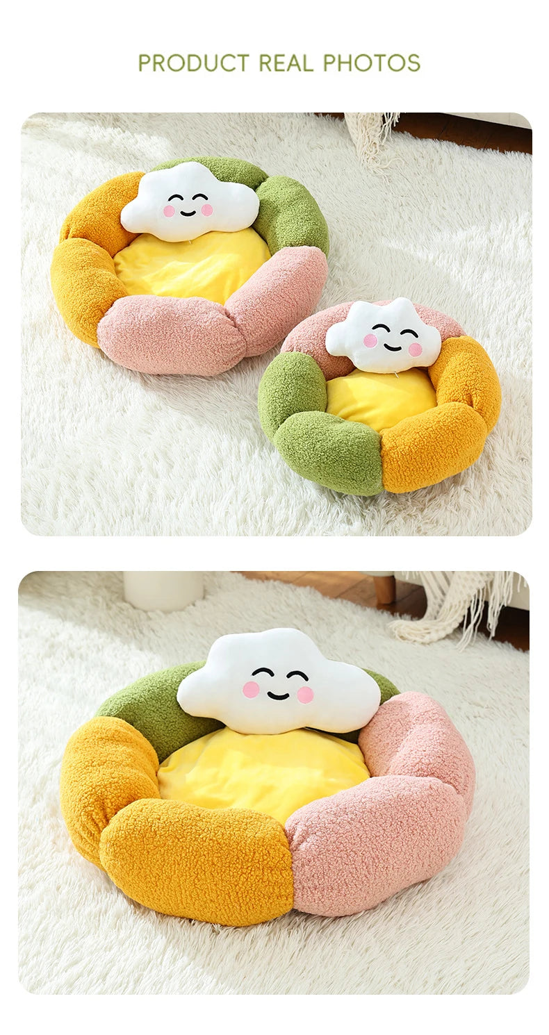 Cute Luxury Flower Cat Bed with Cloud-Shaped Pillow Winter Breathable Warm Ultra Soft Plush House Puppy Beds Cat Houses Indoor