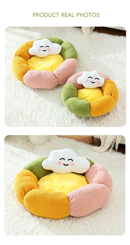 Cute Luxury Flower Cat Bed with Cloud-Shaped Pillow Winter Breathable Warm Ultra Soft Plush House Puppy Beds Cat Houses Indoor