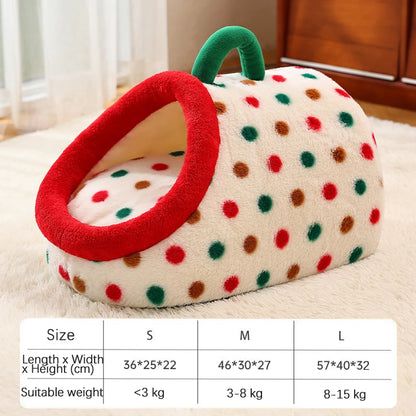 Christmas Portable Luxury Pet Bed Handheld Semi-Closed Dot Design Warm Plush Cat House with Removable Pad Accesorios Para Gatos