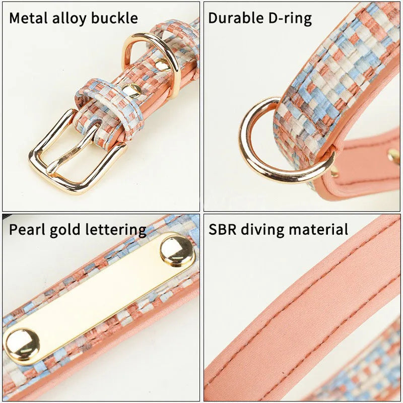 Personalized Luxury Plaid Tweed Dog Collar Custom Engraved Name Number Soft Padded Adjustable Collar for Small Medium Large Dogs