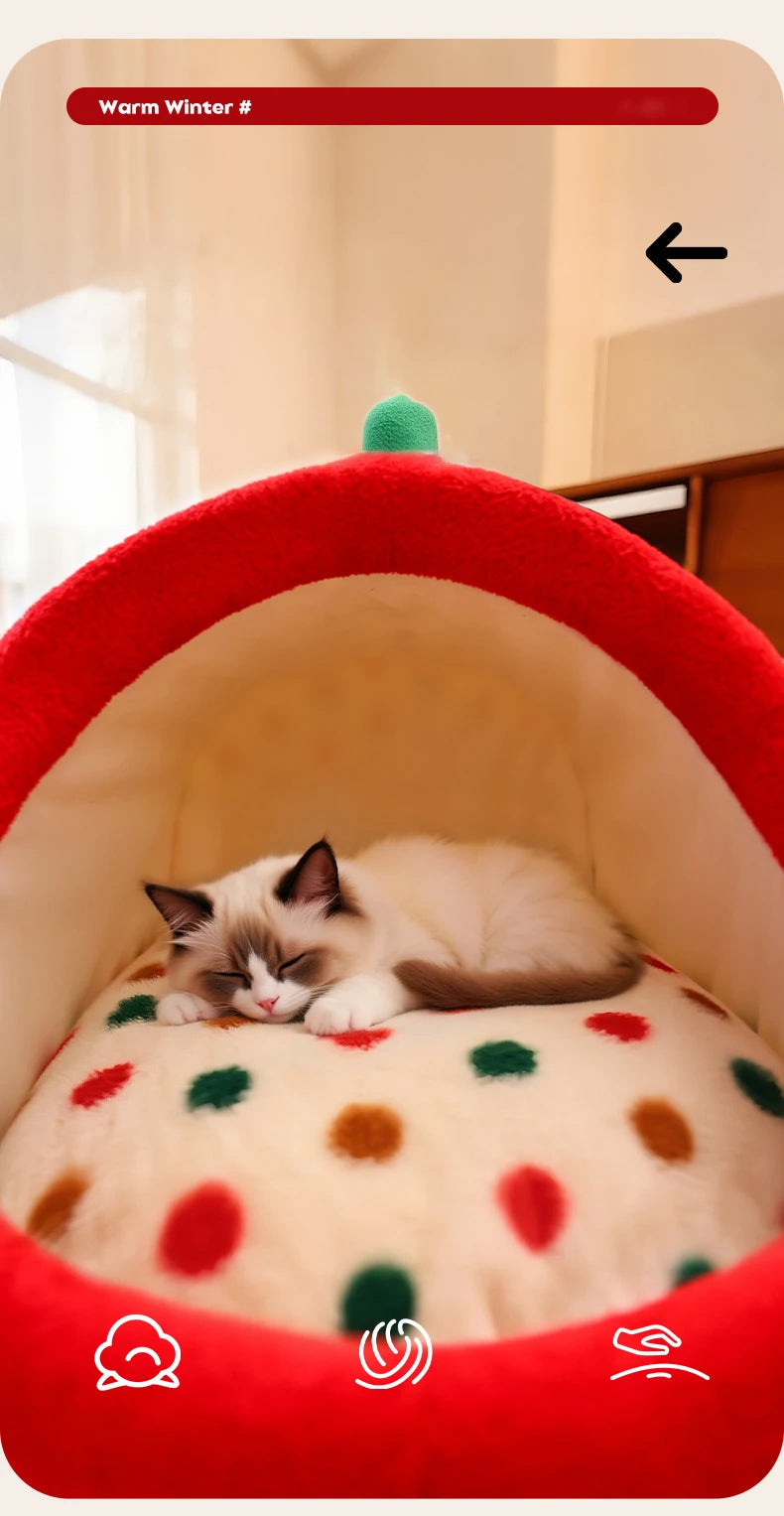 Christmas Portable Luxury Pet Bed Handheld Semi-Closed Dot Design Warm Plush Cat House with Removable Pad Accesorios Para Gatos