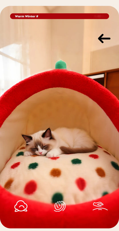 Christmas Portable Luxury Pet Bed Handheld Semi-Closed Dot Design Warm Plush Cat House with Removable Pad Accesorios Para Gatos