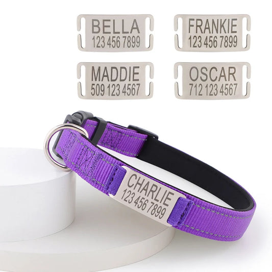 Personalized Dog Collar with Engraved Nameplate Adjustable Reflective Nylon Custom Pet Collar for Dogs  Anti-lost Pet ID Tag