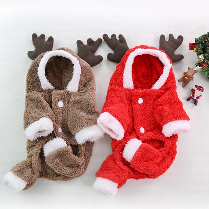 Christmas New Year Snap Design Dog Jumpsuits Winter Soft Warm Fleece Fashion Elk Santa Solid Pet Overalls Luxury Pet Costumes