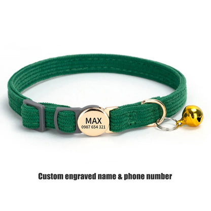 Adjustable Custom Engraved Cat Collar with Bell Anti-lost Durable Comfortable Soft Corduroy Kitten ID Collar Pet Safety Necklace