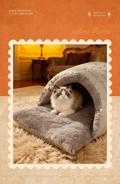 Semi-Enclosed Cat Cave Bed Ultra Cozy Warm Anti-Anxiety Cat Sleeping Bag Soft Large Space Washable Indoor Pet Bed for Kittens