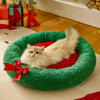 Christmas Sock Cat Sleeping Bag Thickened Semi Closed Winter Plush Warm Round Dog Beds with Detachable Pad Pet Indoor Furniture
