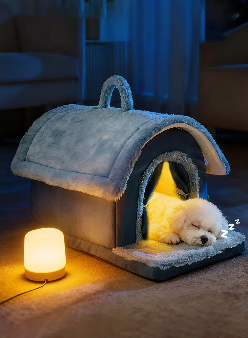 Luxurious Removable Dog House with Handle Enclosed Soft Plush Anti-Slip Pet Shelter Warm Calming Indoor Bed for Puppy Puppies