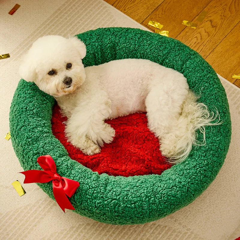 Christmas Sock Cat Sleeping Bag Thickened Semi Closed Winter Plush Warm Round Dog Beds with Detachable Pad Pet Indoor Furniture
