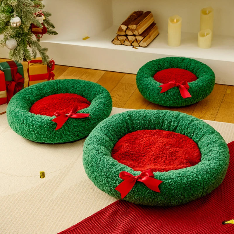 Christmas Sock Cat Sleeping Bag Thickened Semi Closed Winter Plush Warm Round Dog Beds with Detachable Pad Pet Indoor Furniture