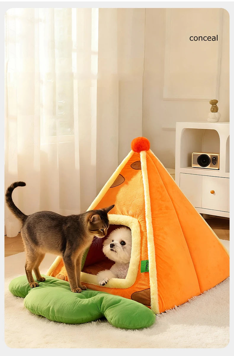 Enclosed Triangle Tent Cat Bed Cozy Thickened Warm Indoor Deep Sleep Pet Nest for Small Medium Dogs Teddy Chihuahua Essentials