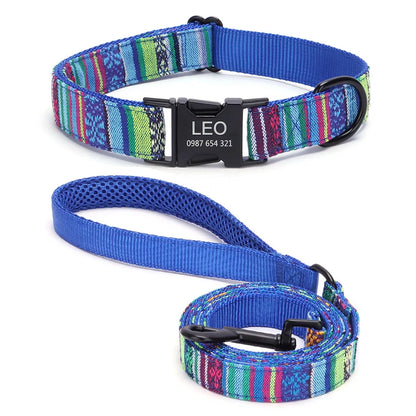 Bohemian Striped Dog Collar Custom Engraved with Rose Gold Buckle Personalized Nylon Collar for Small Large Dogs Daily Walking