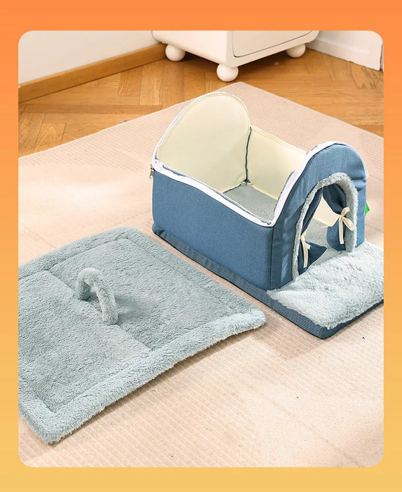 Luxurious Removable Dog House with Handle Enclosed Soft Plush Anti-Slip Pet Shelter Warm Calming Indoor Bed for Puppy Puppies