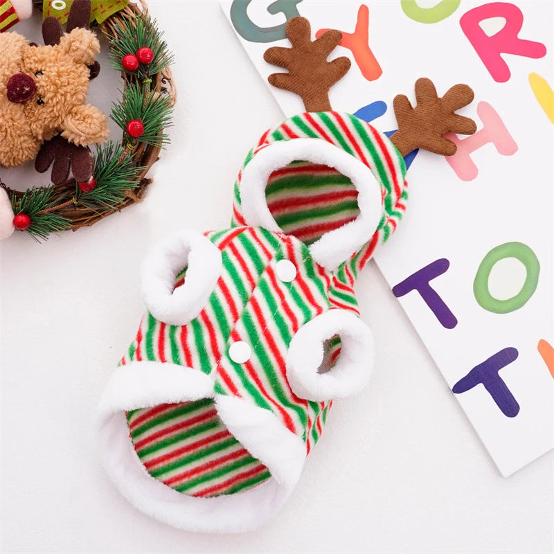 Fashion Stripe Dog Christmas Clothes Winter Thicker Warm Cosplay Costumes Puppy Coat Hoodie Luxury Pet Festival Party Apparel