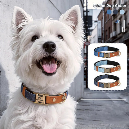 Personalized Denim Dog Collar with Engraved Quick Release Metal Buckle Adjustable Soft Padded anti-lost Pet Collar for Dogs