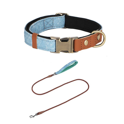 Personalized Denim Dog Collar with Engraved Quick Release Metal Buckle Adjustable Soft Padded anti-lost Pet Collar for Dogs
