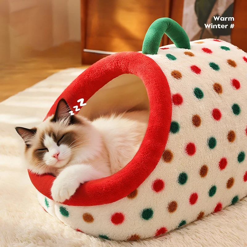 Christmas Portable Luxury Pet Bed Handheld Semi-Closed Dot Design Warm Plush Cat House with Removable Pad Accesorios Para Gatos