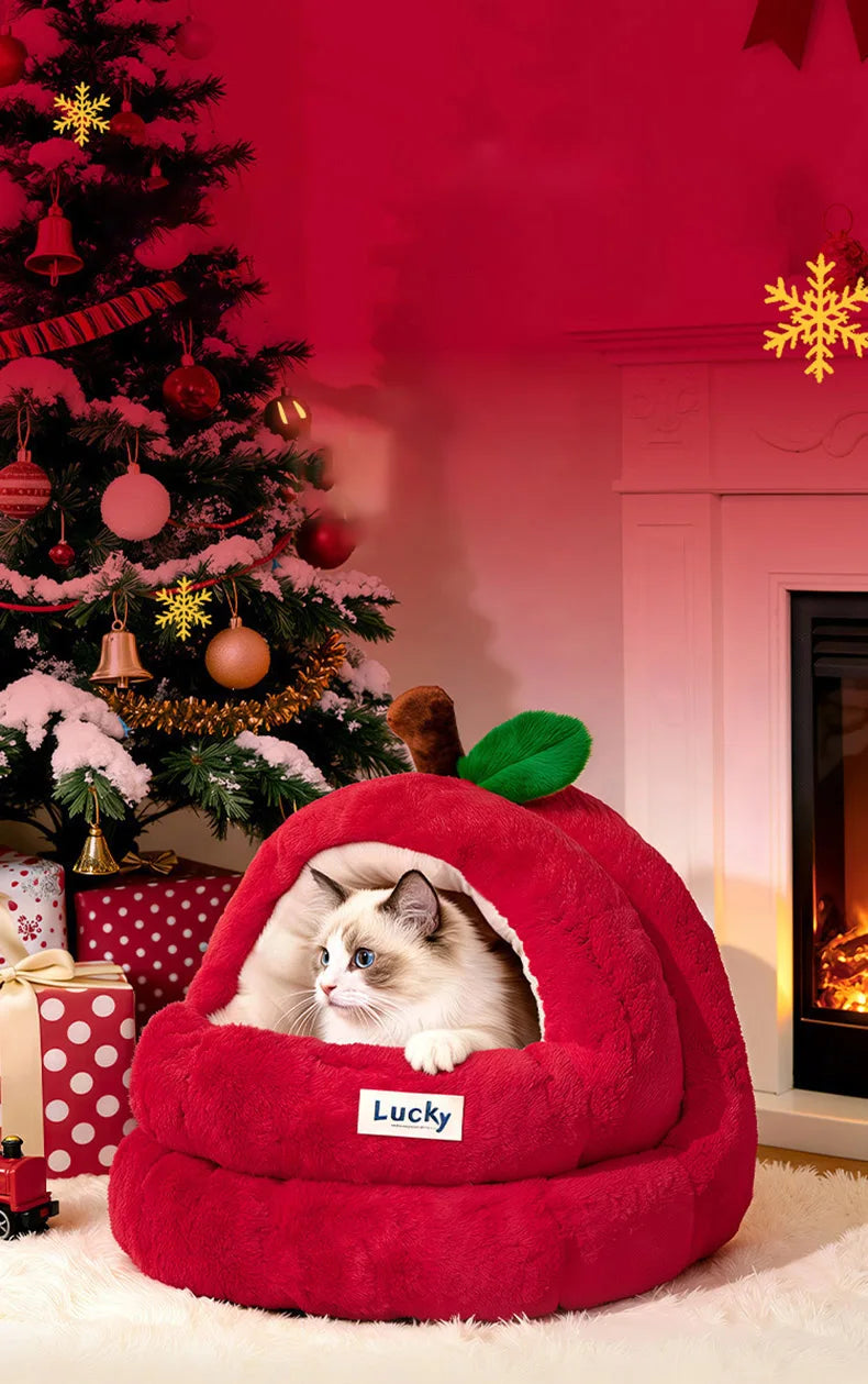 Semi-Enclosed Luxury Red Apple Cat House Large-size Detachable Cushion Warm Sleeping Kitten Cave Bed Christmas Pet Supplies
