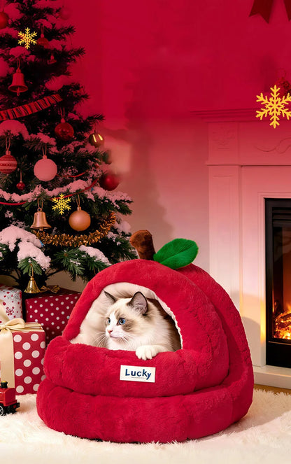 Semi-Enclosed Luxury Red Apple Cat House Large-size Detachable Cushion Warm Sleeping Kitten Cave Bed Christmas Pet Supplies