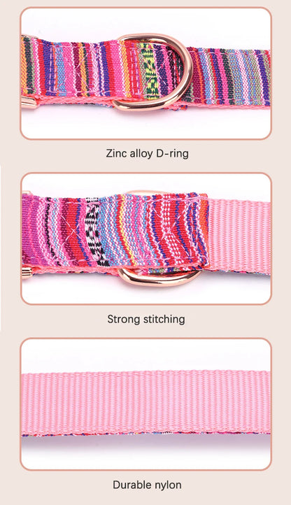 Bohemian Striped Dog Collar Custom Engraved with Rose Gold Buckle Personalized Nylon Collar for Small Large Dogs Daily Walking