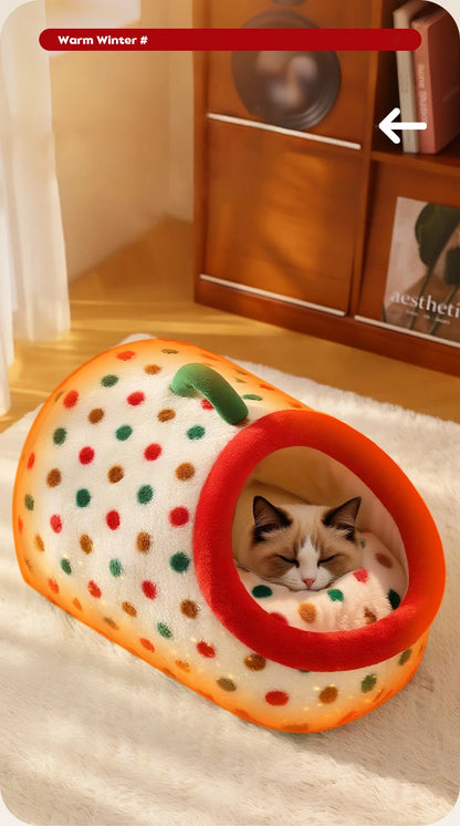 Christmas Portable Luxury Pet Bed Handheld Semi-Closed Dot Design Warm Plush Cat House with Removable Pad Accesorios Para Gatos
