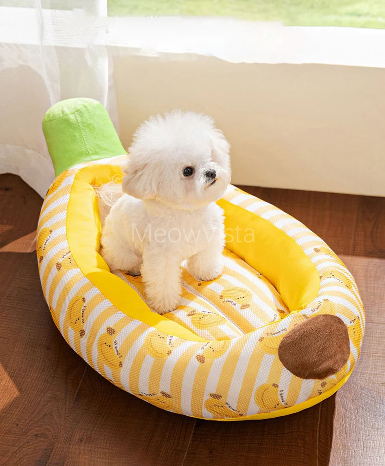 Banana Ice Silk Cooling Cat Bed with Dual-Sided Mat Non-Slip Comfortable Breathable Pet Sofa for Small Dogs Summer Pet Cushion
