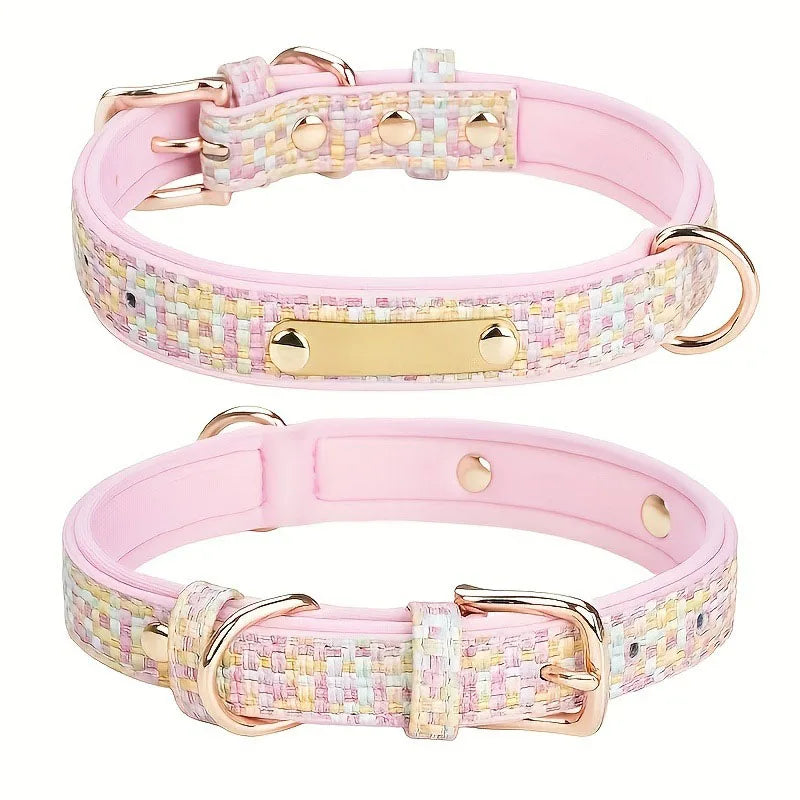 Personalized Luxury Plaid Tweed Dog Collar Custom Engraved Name Number Soft Padded Adjustable Collar for Small Medium Large Dogs