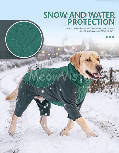 Winter Full Coverage Warm Dog Jumpsuit Reflective High Collar Quilted Padded Color‑Blocked Outdoor Outfit for Medium Large Dogs