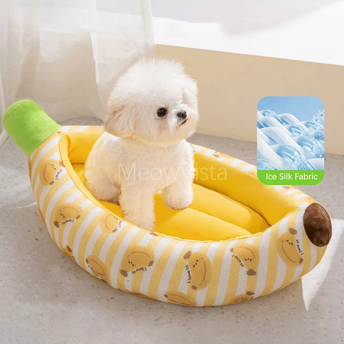 Banana Ice Silk Cooling Cat Bed with Dual-Sided Mat Non-Slip Comfortable Breathable Pet Sofa for Small Dogs Summer Pet Cushion
