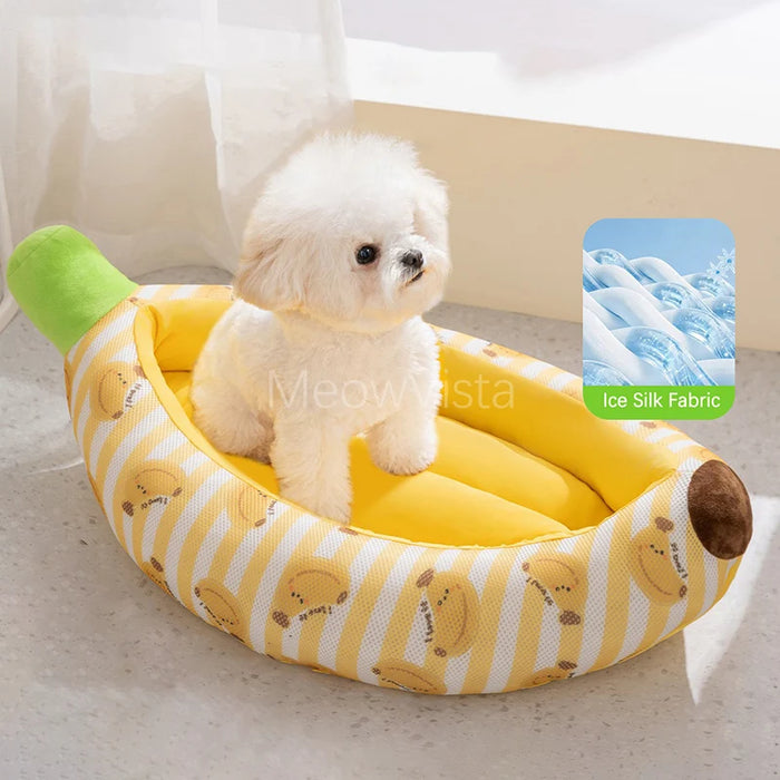 Banana Ice Silk Cooling Cat Bed with Dual-Sided Mat Non-Slip Comfortable Breathable Pet Sofa for Small Dogs Summer Pet Cushion