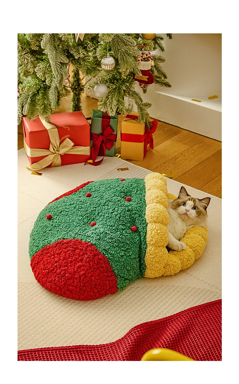 Christmas Sock Cat Sleeping Bag Thickened Semi Closed Winter Plush Warm Round Dog Beds with Detachable Pad Pet Indoor Furniture