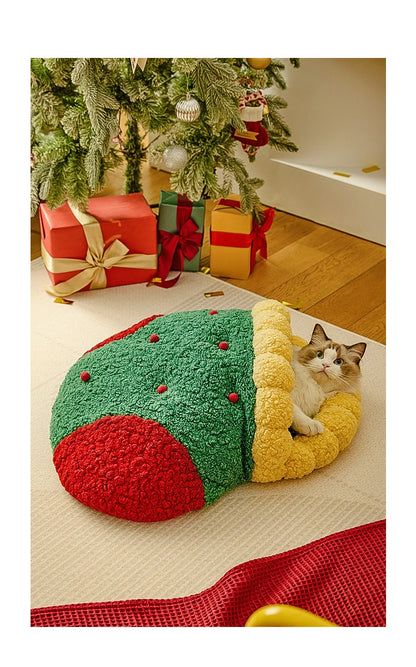 Christmas Sock Cat Sleeping Bag Thickened Semi Closed Winter Plush Warm Round Dog Beds with Detachable Pad Pet Indoor Furniture