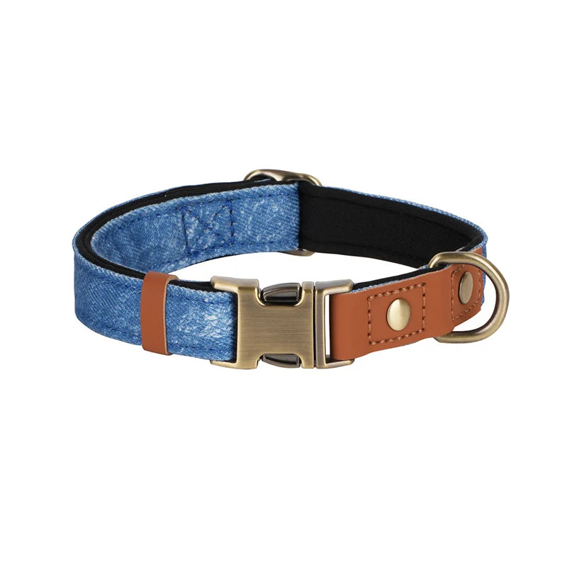 Personalized Denim Dog Collar with Engraved Quick Release Metal Buckle Adjustable Soft Padded anti-lost Pet Collar for Dogs