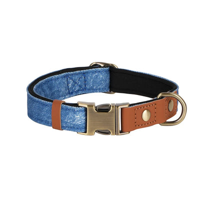 Personalized Denim Dog Collar with Engraved Quick Release Metal Buckle Adjustable Soft Padded anti-lost Pet Collar for Dogs